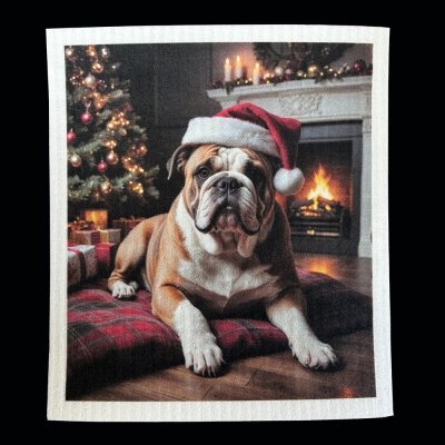 disktrasa med motiv av en bulldog med tomteluva julpresent till bulldogägaren