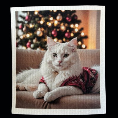 disktrasa med motiv av en vit katt i soffan julgran