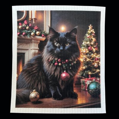 disktrasa med motiv av en svart katt i soffan julgran