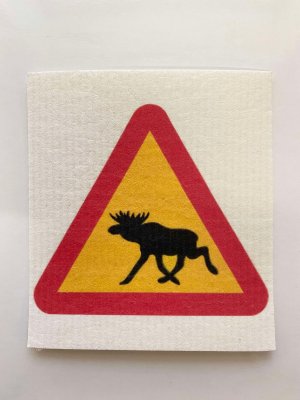 disktrasa med motiv av en älg varningsskylt