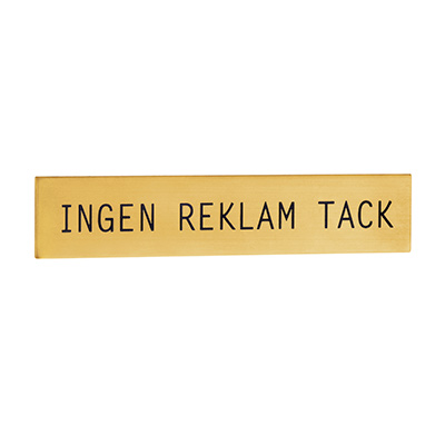 självhäftande skylt ingen reklam tack mässing