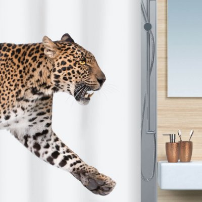 leijma duschdraperi med en stor leopard spirella